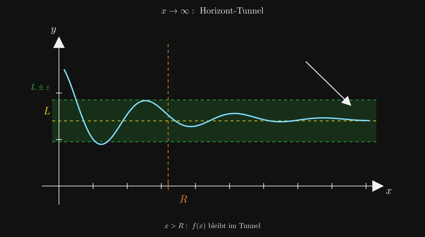 Grenzwert für x→∞: ε-Tunnel um L ab einer Schranke R